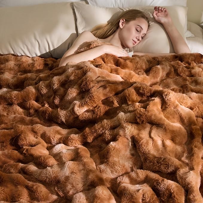 EMME Faux Fur Blanket Queen Size Tie Dye Dark Brown - Big Bubble Rabbit Cozy Blanket for Couch, Thick Furry Plush Shaggy Blankets, 650GSM, 90x90 Inches