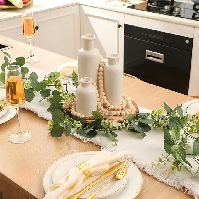 Geelin 6 Pcs Boho Rustic Table Centerpieces, 3 Modern Ceramic Vases, Wooden Slice Tray, Farmhouse Wood Beads Garland with Tassel, Artificial Vines for Dining Home Table Decor(White)