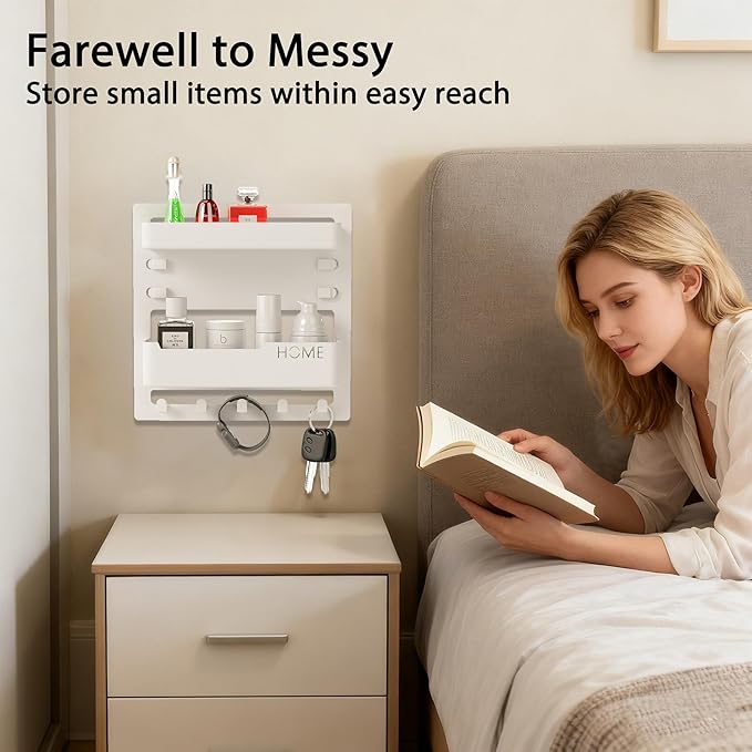 Bedside Wall Shelf Organizer, Floating Bedside Wall Mount with Adhesive for Phone, Remote & Keys, No Drill Small Shelf for Bedroom, Dorm & Small Spaces (White)