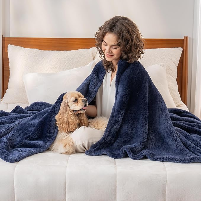 Berkshire Blanket Classic Extra-Fluffy™ Plush Blanket, Queen Size Bed Blanket, Soft Fuzzy Fluffy Long Hair Blanket for Couch Sofa Bed, Atlantis Dark Blue, 90x90 Inches