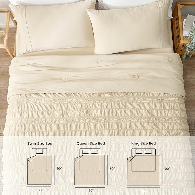 Cozy Bliss Striped Seersucker Cooling Comforter King Size, Lightweight Airflow Silky Cooling Bedding with Q-Max>0.45 for Bedroom, Home Decor, Hot Sleepers & Night Sweats, Khaki 106"×90"