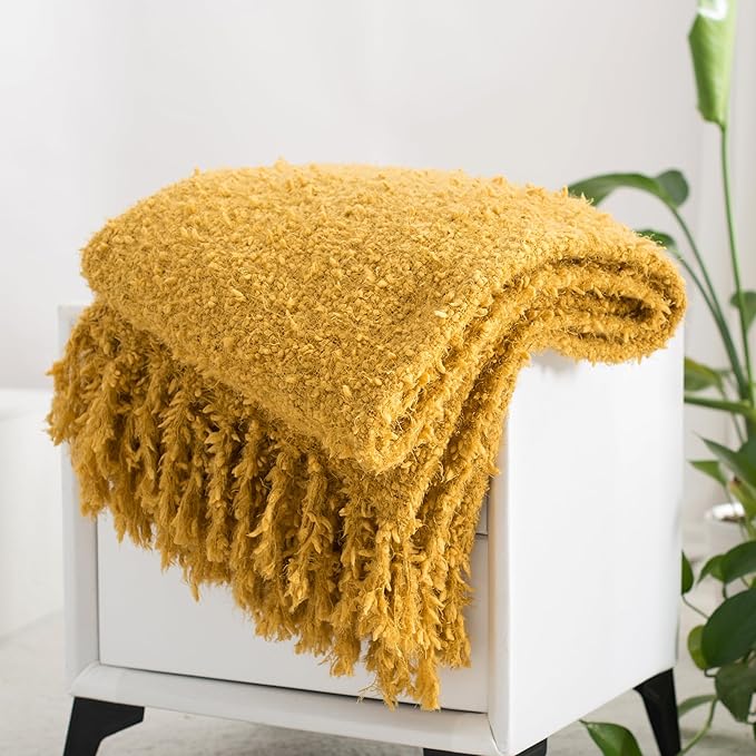 Winter Knit Throw Blanket Fluffy Fuzzy Soft Lightweight Cozy Farmhouse Tassels Chunky Knitted Throws for Couch Sofa Bed (Mustard Yellow, 60"x80")