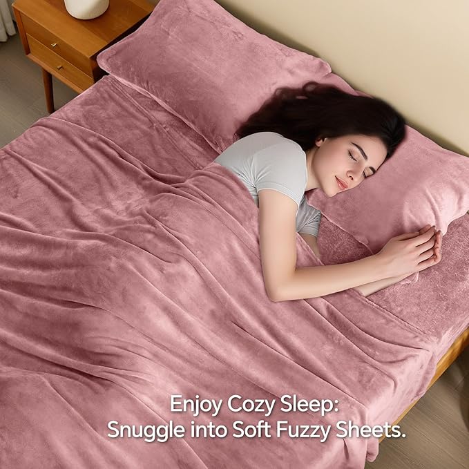 BEDELITE Flannel Sheets Queen Size Dusty Pink - Super Soft Fleece Sheets Set Fluffy Extra Plush, 4 Piece(Include Fitted Sheet, Flat Sheet, 2 Pillowcases)