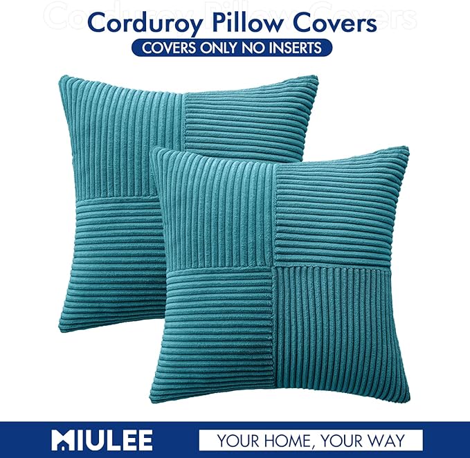 MIULEE Teal Decorative Throw Pillow Covers 18x18 Inch for Couch Bed Sofa Pack of 2 Boho Farmhouse Throw Pillows Soft Cross Corduroy Patchwork Textured Cushion Cases