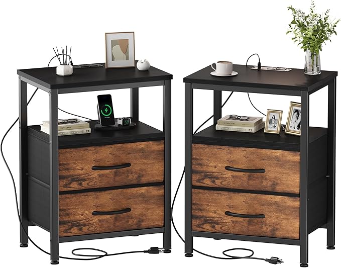 DUMOS Nightstand Set of 2 with Built in Charging Station USB Ports and Outlets Adjustable Fabric Drawer Storage Bedside Table with Open Shelf for Bedroom,Black and Brown