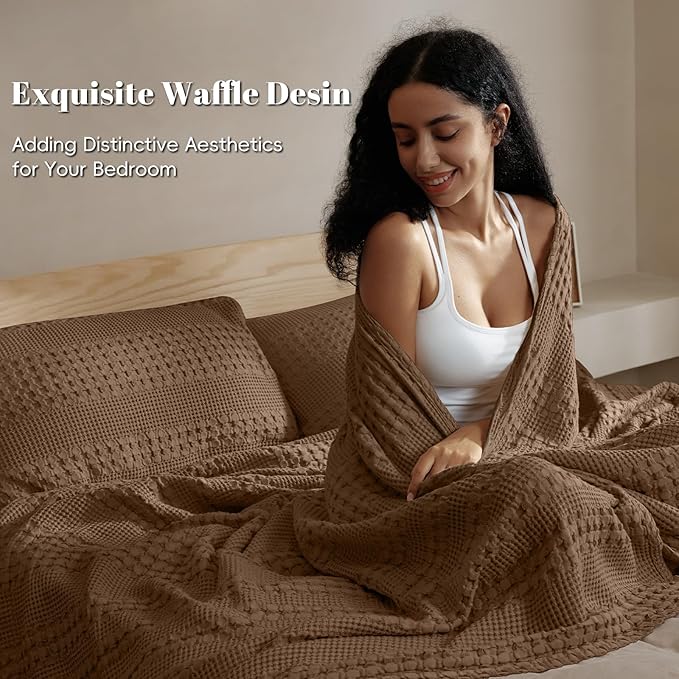 PHF 100% Cotton Waffle Weave Blanket Queen Size for Bed, Soft Lightweight & Breathable for Spring and Summer, All-Season Comfort, Luxury Aesthetic Blanket for Home Decor, 90"x90", Chocolate