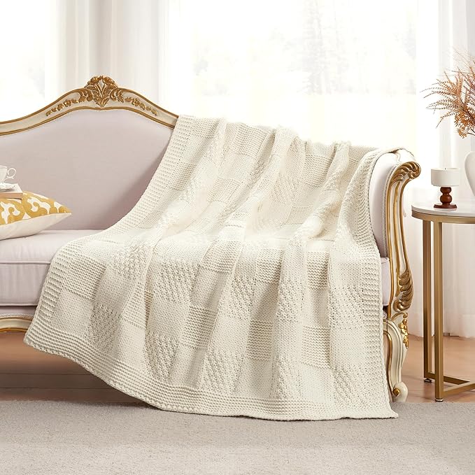 Amélie Home Checkered Chenille Knit Throw Blanket for Couch, Classic Texture Decorative Soft Blanket for Sofa, Chair & Bedroom, 60"x80", Ivory