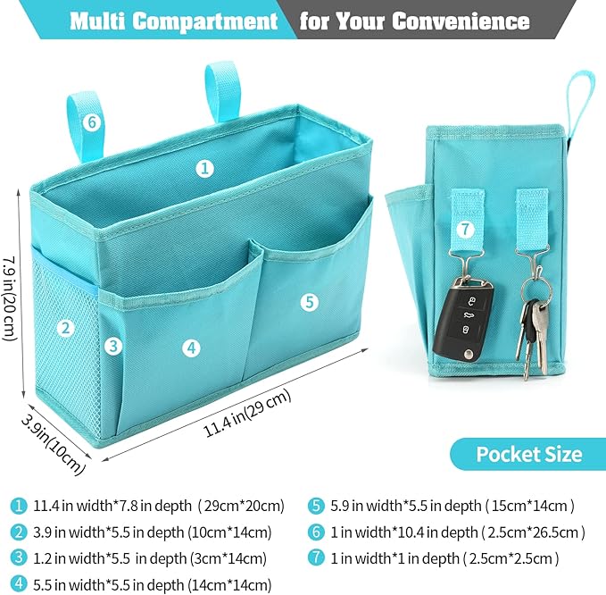 Bseash Bunk Bed Organizer, Bedside Caddy Hanging Bed Organizer Storage Bag with 4 Pockets and 2 Hooks, for College Dorm Rooms Bed, Hospital Bed, Baby Bed Rails, 600D Oxford Cloth (Light Blue)