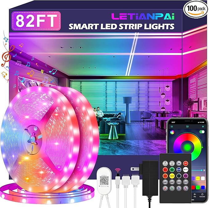 LETIANPAI Led Strip Lights, 82ft/25m Long Smart Light Strips Music Sync 5050 RGB Color Changing Rope Lights,Bluetooth APP/IR Remote/Switch Box Control Lights for Bedroom, (Red, Green, Blue)