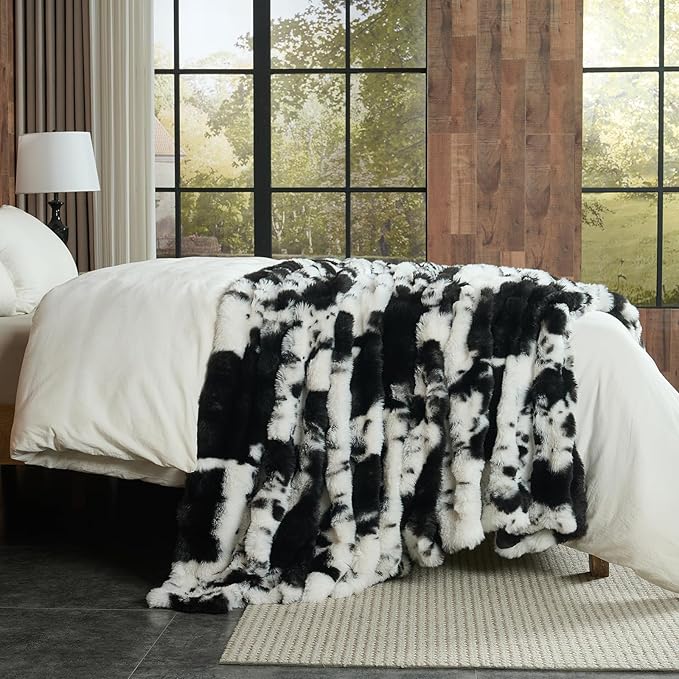Lotus Karen Faux Fur Throw Blanket Cow Print-Black, Fluffy Fuzzy Plush Bubble Blanket for Couch, 80x60 Inches Cozy Shaggy Rabbit Blanket, Luxury Decorative Gifts for Sofa Bedroom Living Room.