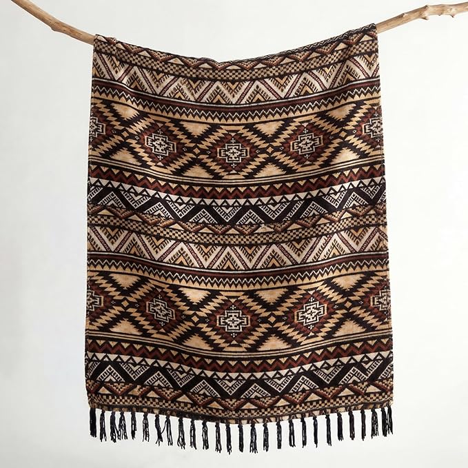 CASAAGUSTO Boho Throw Blanket - Brown Black Decorative Blankets with Tassel, Printed Flannel Bohemian Blanket for Chair, Bed, Sofa, Couch(60 * 80, Brown Black)