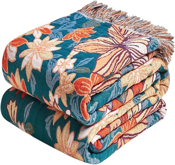 Boho Throw Blanket - 100% Cotton Ultra Soft Muslin Blanket, 60"x80" Lightweight Floral Framhouse Bedding Spring Blanket for Bed, All Season Green Bohemian Bedroom Home Decor Quilt