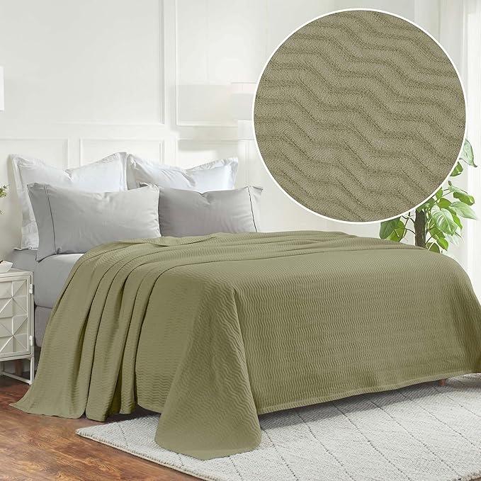 Superior JENA Cotton Blanket, for Picnic, Beach, Traveling or Camping, Bedroom Decor, Essentials, Cover for Bed, Couch, Lounging, Textured Jacquard, Modern Chevron Woven Blanket, Full/Queen, Sage