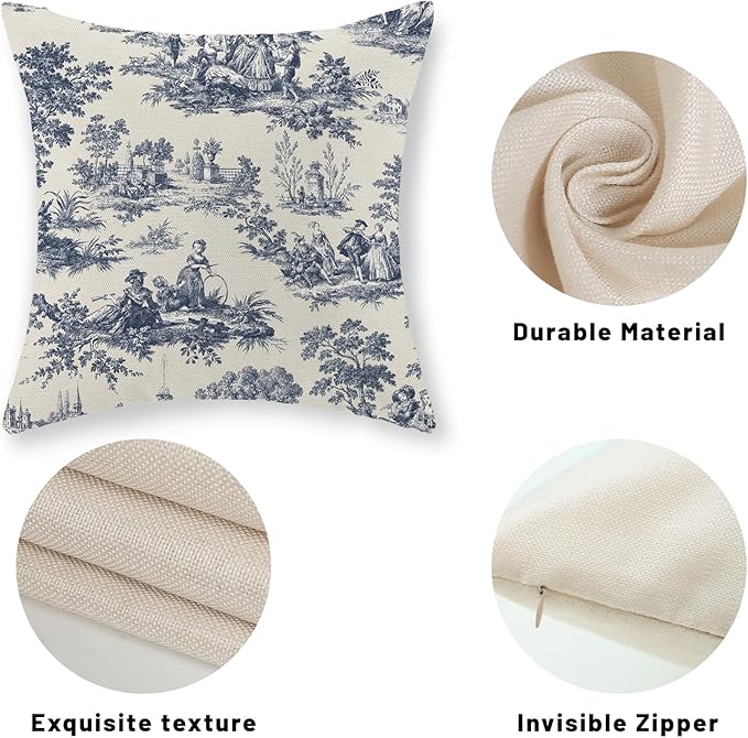 French Country Pillow Covers 18x18 Set of 2 Vintage Toile Blue Throw Pillows French Country Outdoor Decorative Pillowcase Rustic Cottage Decor Linen Farmhouse Cushion Case for Couch Bed Sofa