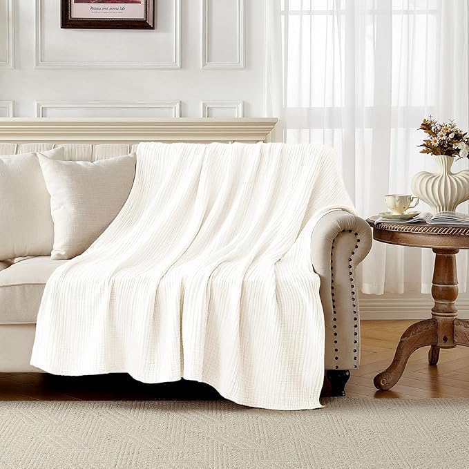 Joydeco 100% Cotton Muslin Throw Blanket for Couch Bed and Sofa, 4-Layer Lightweight and Breathable Soft Gauze Blanket for All Season, Luxury Throws Cotton Blanket Gift(White, 50"x70")