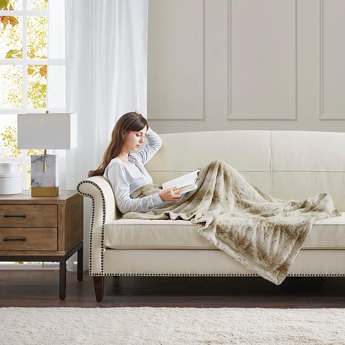 Madison Park Zuri Soft Plush Luxury Oversized Faux Fur Throw Animal Stripes Design, Faux Mink On The Reverse, Modern All Seasons Blanket for Bed, Sofa Couch, Office, Sand, 60x70"