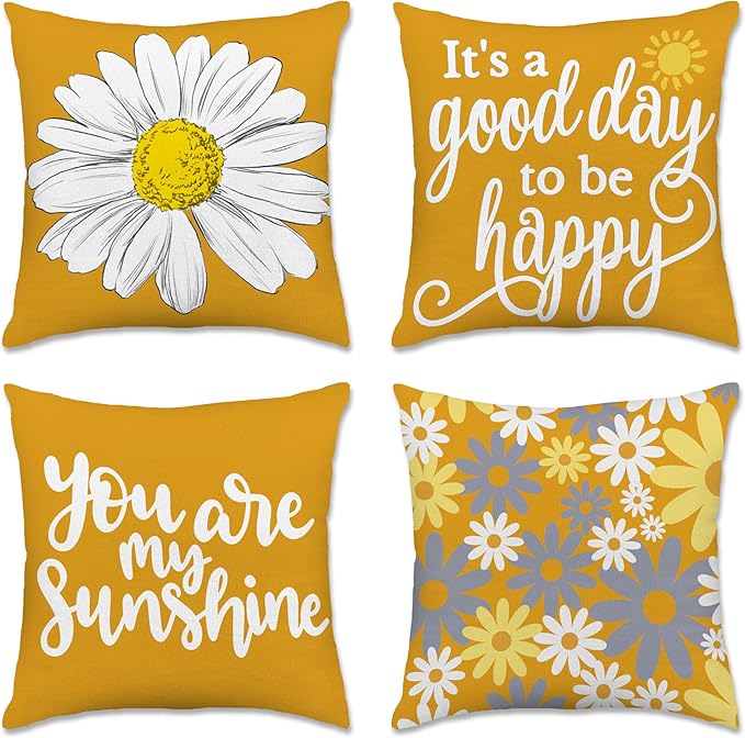 Hexagram Spring Summer Pillow Covers 18x18 Set of 4, Outdoor Floral Daisy Decorative Yellow Throw Pillow Covers, You are My Sunshine Farmhouse Cushion Case for Couch Sofa Indoor Home Decor(No Insert)