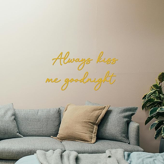 Always Kiss Me Goodnight Wall Sign Metal Wall decor Love Theme Wall decor Wall Hanging Sculptures for Bedroom Living Rooms, Gold, 19" x 10.2"