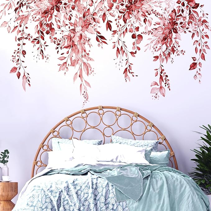 Burgundy Red Plants Leaves Wall Decals Peel and Stick, Large Floral Flowers Vinyl Wall Stickers, Removable Vine Home Decor Art for Bedroom Living Room Classroom Office