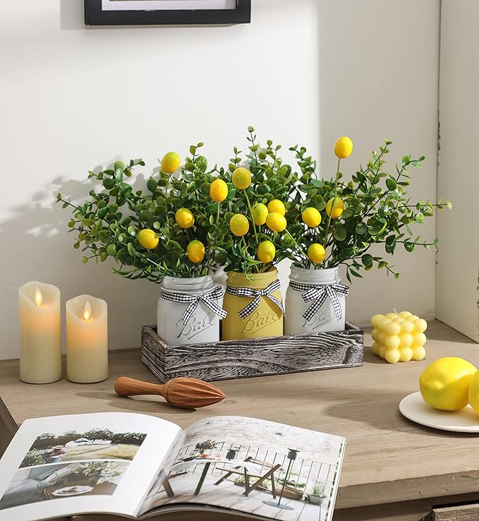 Lemon Mason Jars Centerpiece for Table, Wood Tray with 3 Painted Jars, Dining Coffee Table Centerpiece For Kitchen, Living Room, Spring & Summer Home Decor with Lemon