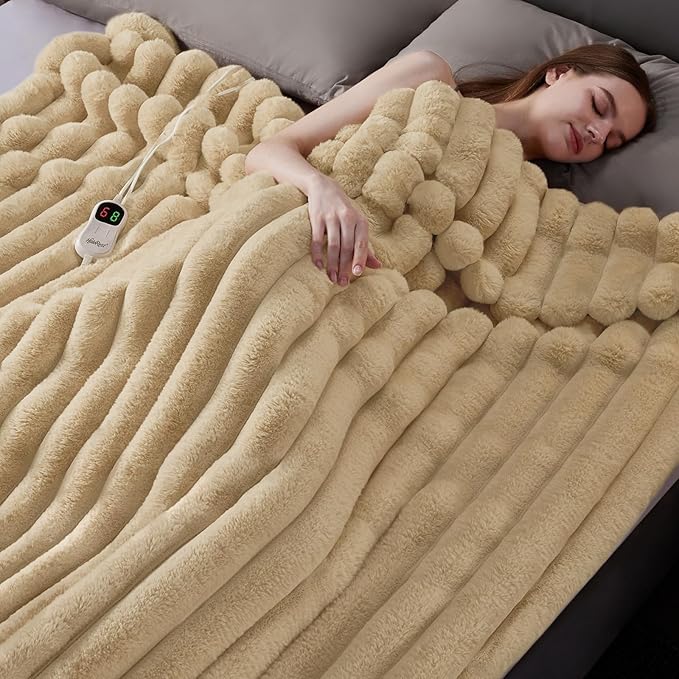 Heated Throw Blanket, Faux Fur Cozy Heating Blanket with Overheat Protection, 1/2/4/6/8 Hours Auto-Off 10 Heat Level, Machine Washable (50x60 Inches, Beige)