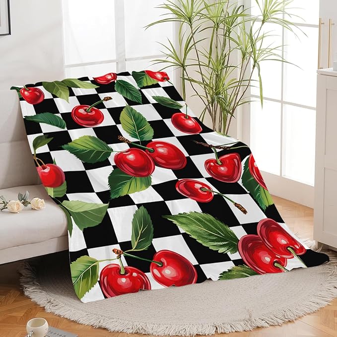 Cherry Blanket for Girls Women Adults Kids Soft Cozy Fleece Fruit Buffalo Plaid Preppy Gifts Throw Blankets Warm Flannel Plush Lightweight Decor for Couch Bed Sofa 80"X60"
