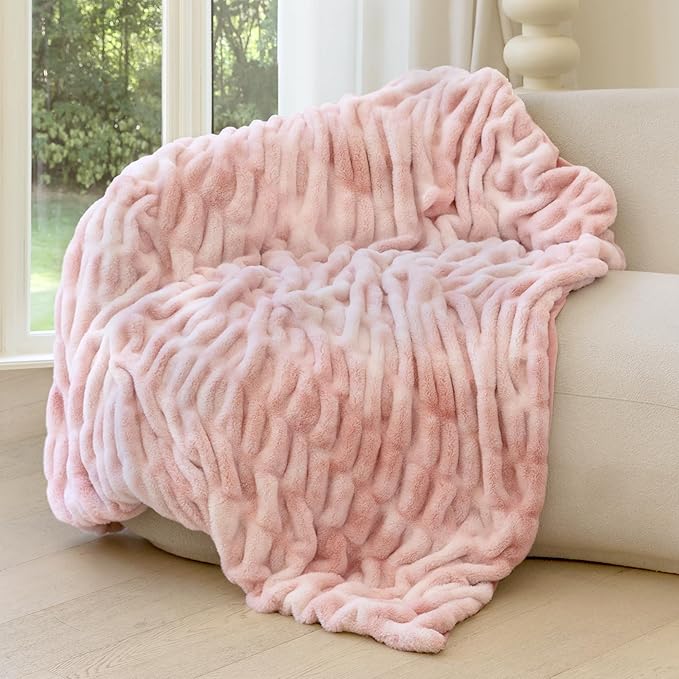 Ultra Soft Faux Rabbit Fur Throw Blanket, Cozy Fuzzy Blanket for Couch Bed, Plush Warm Decor Gifts, Luxury Thick Fluffy Blanket for Women,50x60 inches, Tie-Dyed in Pink