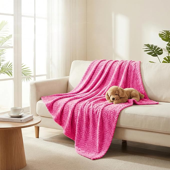 Exclusivo Mezcla King Blanket for Bed, Cozy Lightweight Fleece Blankets for All Season, Decorative Giftable Fuzzy Plush Wave Textured Suitable for Women, Men, Hot Pink, 90x104 Inches