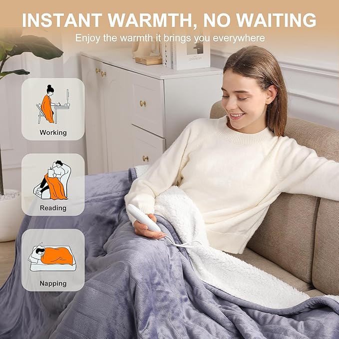 Heating Blankets Heated Throw 50''X60'' - Purple Heated Blanket Flannel Sherpa Double Sided Electric Blanket with 5 Heat Settings & 4 Hours Auto-Off, Small Electric Throw for Grandma Gifts(Lavender)