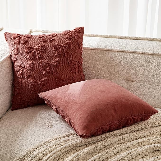 MIULEE Burgundy Bow Pillow Covers Coquette Room Decor Aesthetic Set of 2 Decorative Cute Girl Soft Plush Faux Pillowcase for Preppy Room Decor Bedroom Couch,18x18 Inch