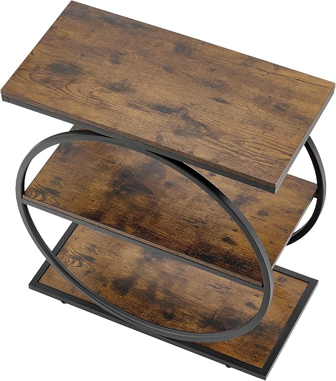 VEVOR End Table, 3-Tier Narrow Side Table with Open Storage Shelves, Modern Nightstand Bedside Desk with Round Metal Frame, Wood Sofa Coffee Desk for Living Room, Bedroom, Office, Rustic Brown