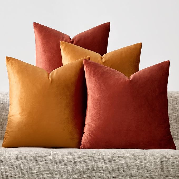 GIGIZAZA Decorative Velvet Pillow Covers - 16x16 Throw Pillows Soft Burnt Orange Covers Accent for Couch Living Room Bed Square Modern Luxury Cushion Covers Home Decor Set of 4