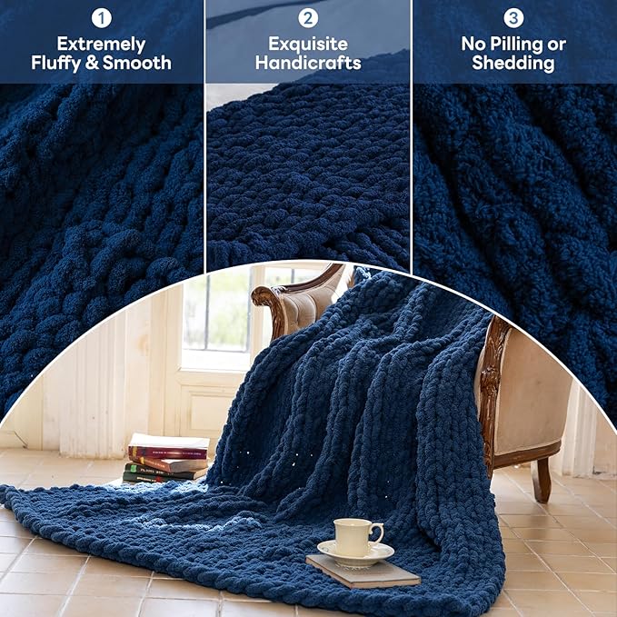 Chunky Knit Blanket - Luxury Soft Cozy 60 * 80 Throw Blanket,100% Woven Blanket Rope Knot Throw Blanket for Couch, Sofa, Home Decor, Gift - Machine Washable (Deep Blue, 60 * 80)