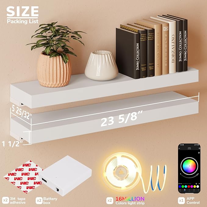 BAMEOS Floating Shelves with RGB LED for Wall, Sturdy Shelves with Light, Wall Mounted Display Shelves, Set of 2, Hanging Shelf for Bathroom, Bedroom, Kitchen, Living Room Storage, White