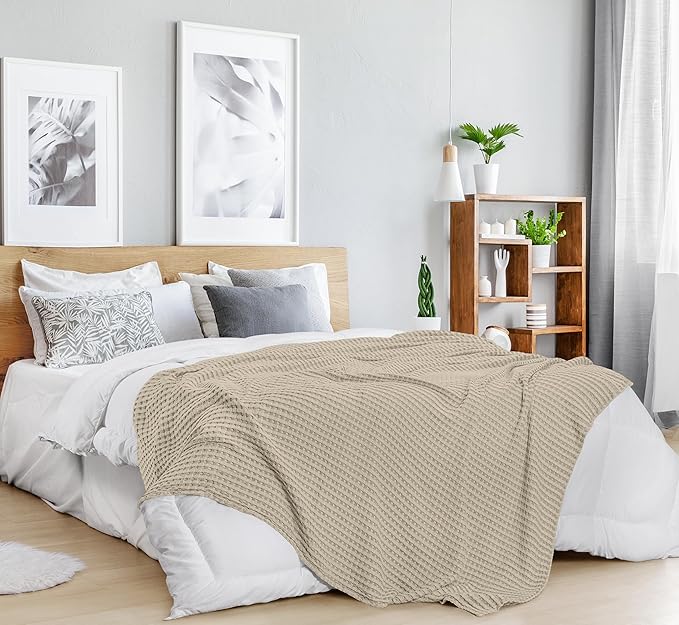 Utopia Bedding Khaki 100% Cotton Waffle Blanket 300 GSM [Throw - 50x60 Inch] Soft Lightweight Breathable Bed Blanket for All Season