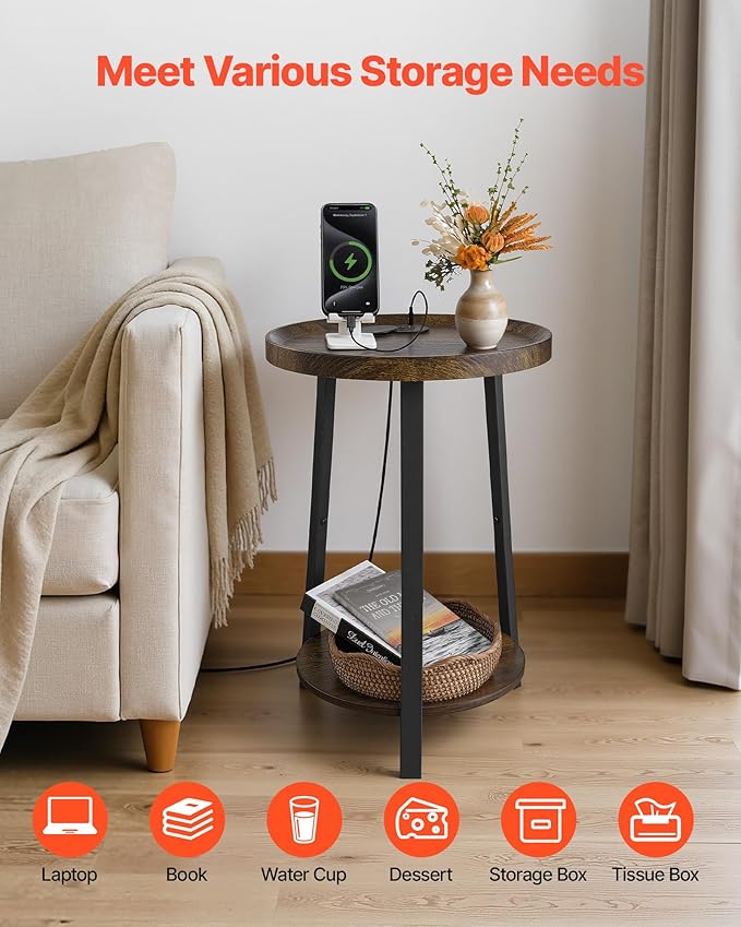 VEVOR Round Side Table with Charging Station, 15.7" Metal Round End Table with Storage Shelves, 4.9ft Power Cord, Modern Nightstand for Bedroom, Living Room, Office – Brown