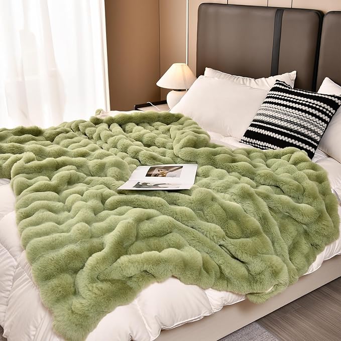H&D Faux Fur Throw Blanket for Couch,Fluffy Cozy Soft Plush Luxury Thick Fuzzy Fleece Blanket for Couch Bed Sofa Bedroom Living Room,Comfy Bubble Blanket(Sage Green, Throw (50" x 60"))