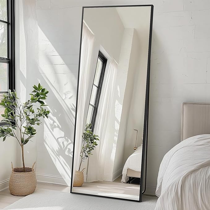 NEWBULIG Full Length Mirror 71.1"x25" for Bedroom, Full Body Mirror with Stand, Hanging or Leaning for Wall, Aluminum Alloy Thin Frame Floor Standing for Living Room, Long, Deep Black