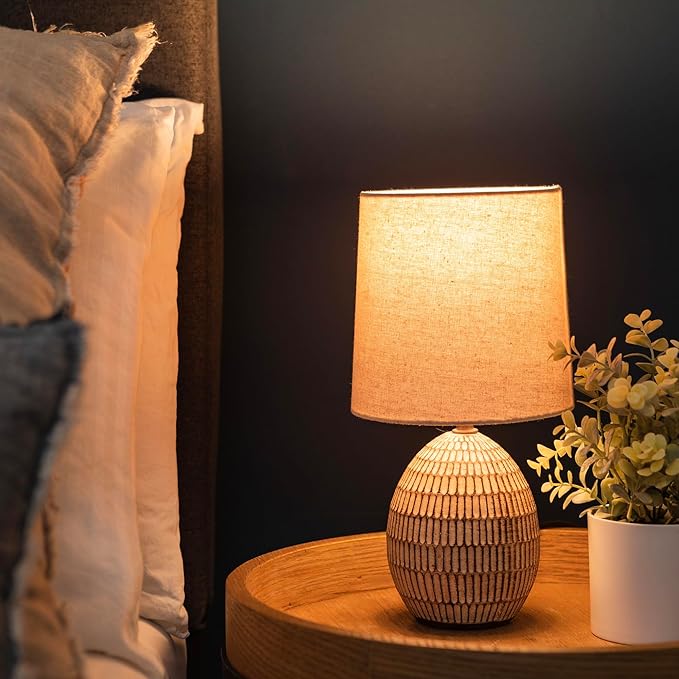 XTREME Ceramic Table Lamp with Shade, 12.75” inch Carved Textured Table Lamp, Brown Modern Lamp with Beige Shade, Small Bedside Lamp for Bedroom Nightstand, Living Room, Requires E26 Bulb