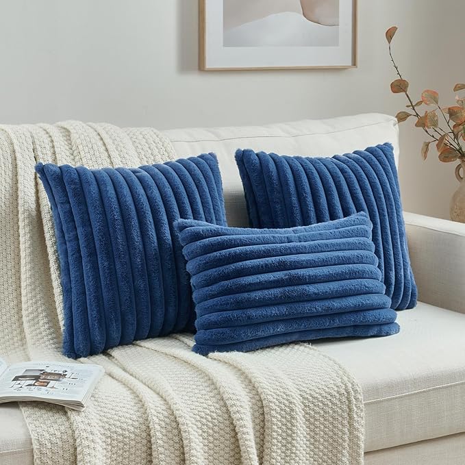FUTEI Navy Blue Decorative Throw Pillow Covers Set of 2, 12x20 Inch Soft Fluffy Faux Fur Plush Striped Lumbar Pillowcases, Modern Home Decor for Couch Bed Living Room