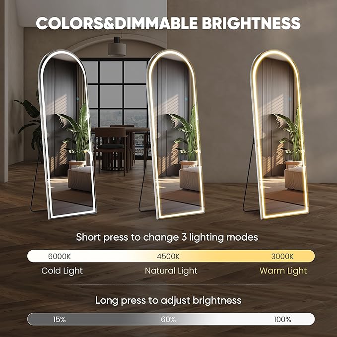 DUMOS Arched Full Length Mirror with Light - 20"×63" LED Floor Standing Mirror with 3 Color Lights & Wall Mounted for Bedroom, Dressing Room, Living Room, Bathroom