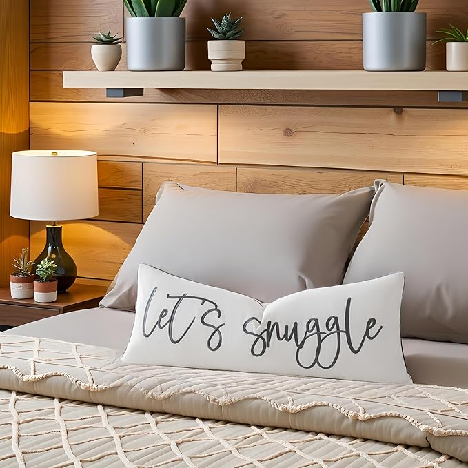 Sunkifover Let's Snuggle Decorative Lumbar Pillow Cover - 14x36 Inch White and Grey Cotton Embroidery Throw Pillowcase for Bed, Bedroom, Living Room, Home Decor