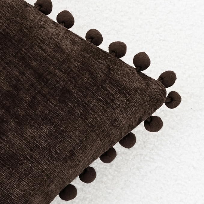 CaliTime Throw Pillow Covers Decorative 20 X 20 Inches Pack of 2 Cozy Solid Dyed Soft Chenille Cushion Cases with Pom Poms for Couch Sofa Bed Living Room Home Coffee