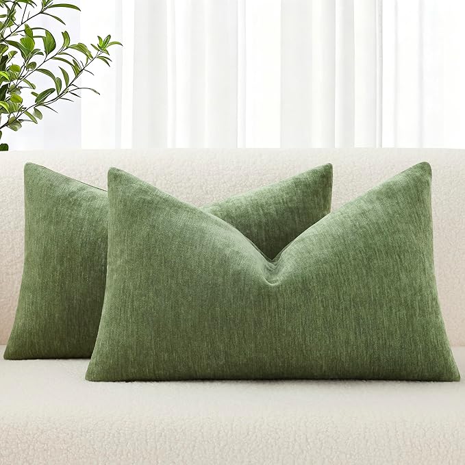decorUhome Chenille Olive Green Throw Pillow Covers 12x20 Inch Set of 2, Decorative Soft Couch Pillow Covers Solid Dyed Accent Farmhouse Neutral Rectangle Pillow Cases for Sofa