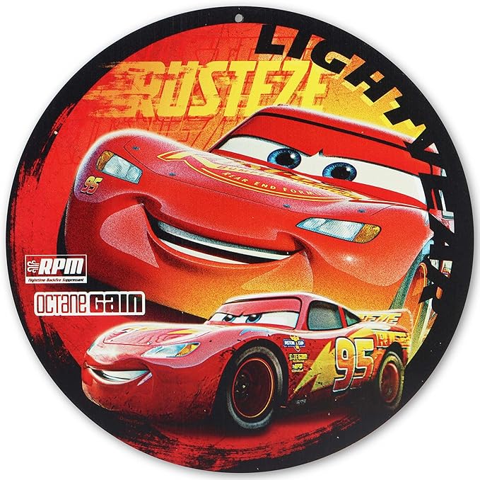 Disney Pixar Cars Lightning McQueen Round Metal Wall Decor - Fun Cars Sign for Bedroom or Play Room