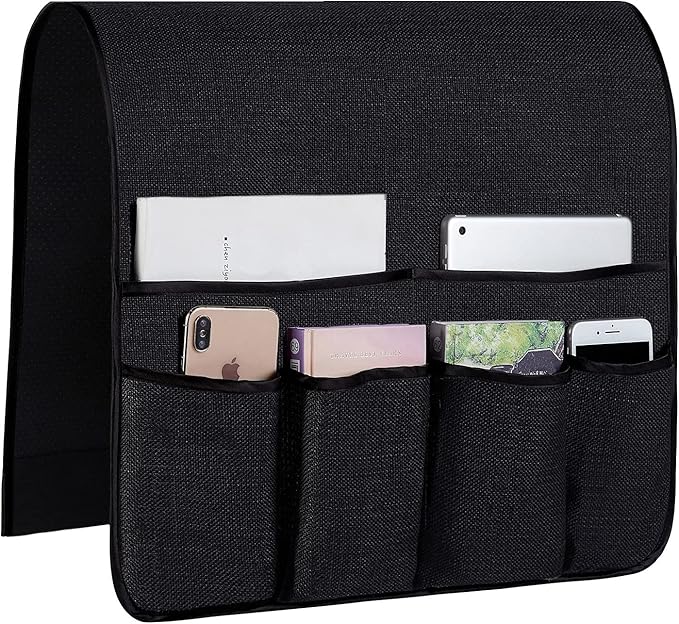FLYILY Sofa Armrest Organizer Non-Slip Arm Chair Hanging Caddy Remote Control Holder for Magazine,Tablet, Phone, Books, Glasses (B-Black(19'')