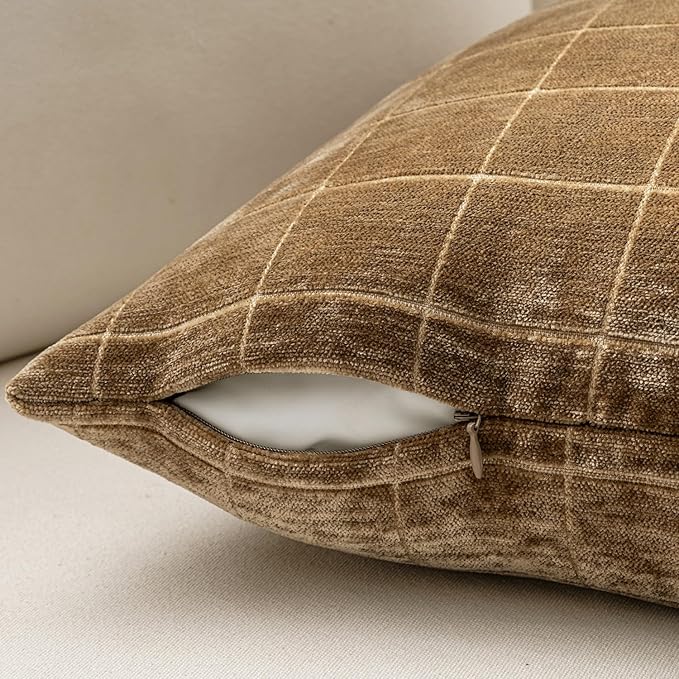MIULEE Decorative Chenille Check Throw Pillow Covers Vintage Plaid Couch Pillows 18x18 Inch Set of 2 Neutral Boho Farmhouse Cushion Covers Modern Home Decor for Sofa Bed Living Room Toffee