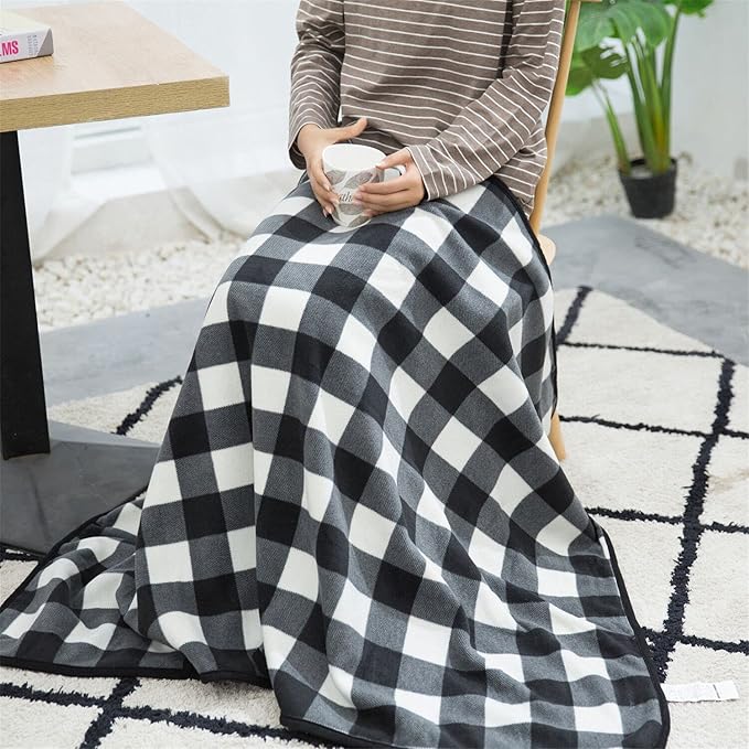 forestfish Fleece Wearable Blanket, Plaid Lap Blanket Comfy Poncho Throw with Buttons for Bed Sofa Office, Black-White