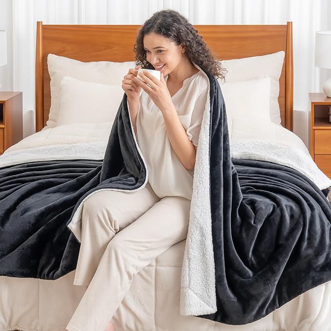 Berkshire Blanket-Sherpa Fleece Blanket, Warm and Soft Loftmink Reversible Blanket for Bed, Sofa and Travel, Black, 90 in x 108 in