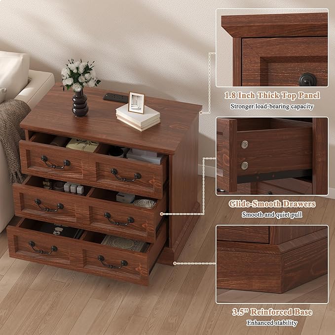 27.6" Wide Farmhouse Nightstand with Charging Station, 3 Drawer Nightstands Set of 2, Larger Side Table End Table, Modern Night Stand for Bedroom, Living Room, Cherry Nightstand
